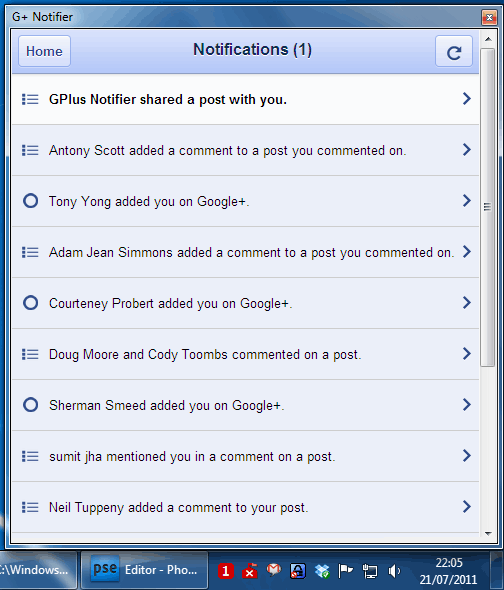 The notifications window